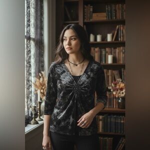 Y2K Black Velvet Floral Top Silver Glitter Beaded Medallion Whimsygoth Size XL